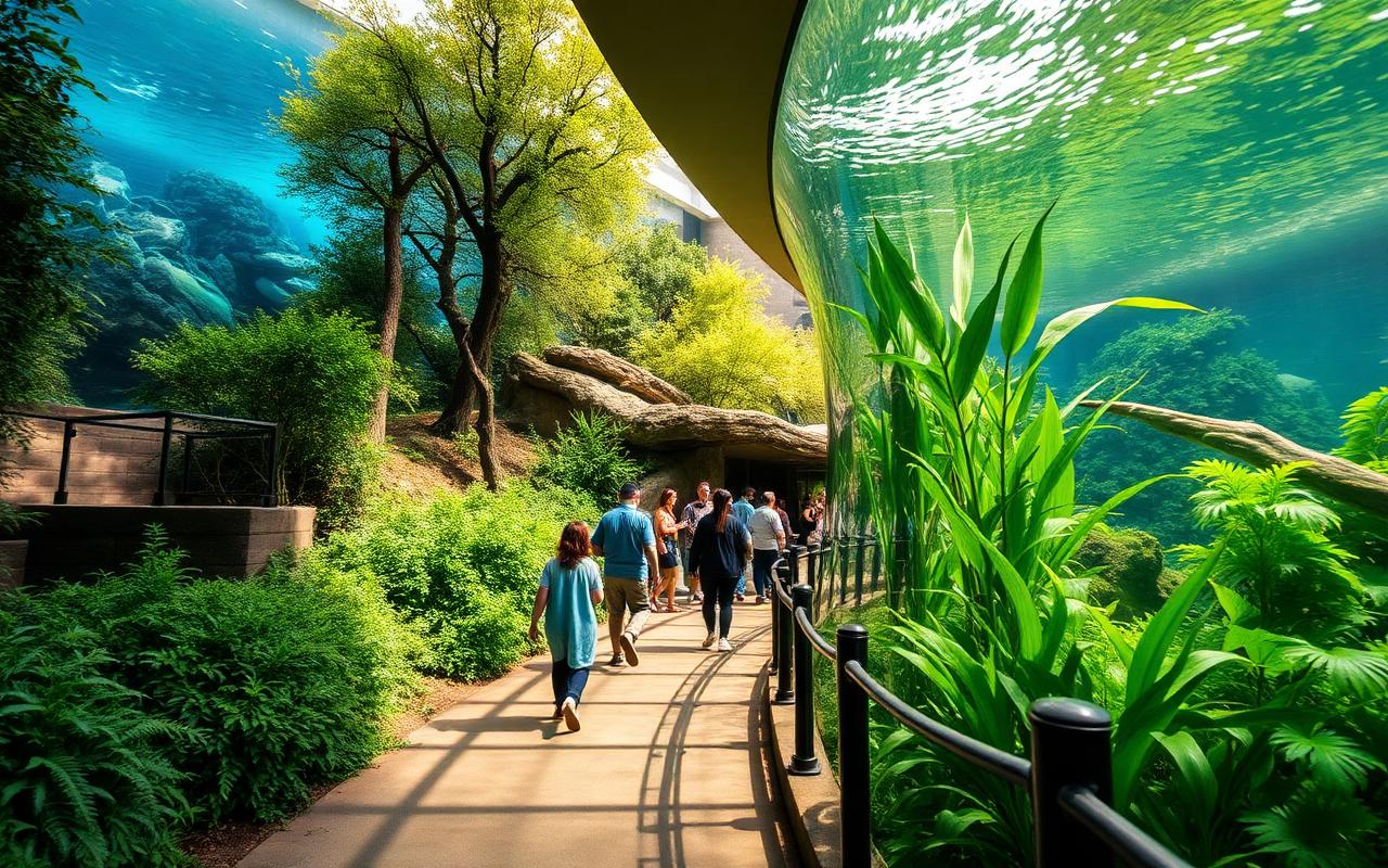 Zoo and aquarium pathway with visitors beside a glass habitat
