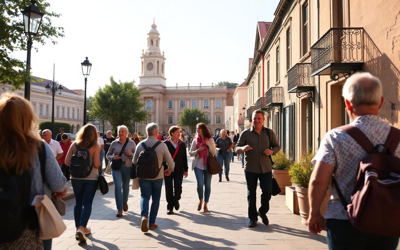 Guided walking tour group in a historic district