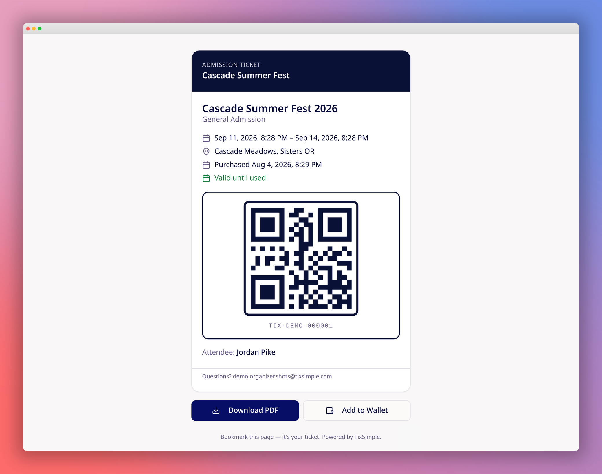 TixSimple attendee ticket wallet with a QR code ticket on mobile