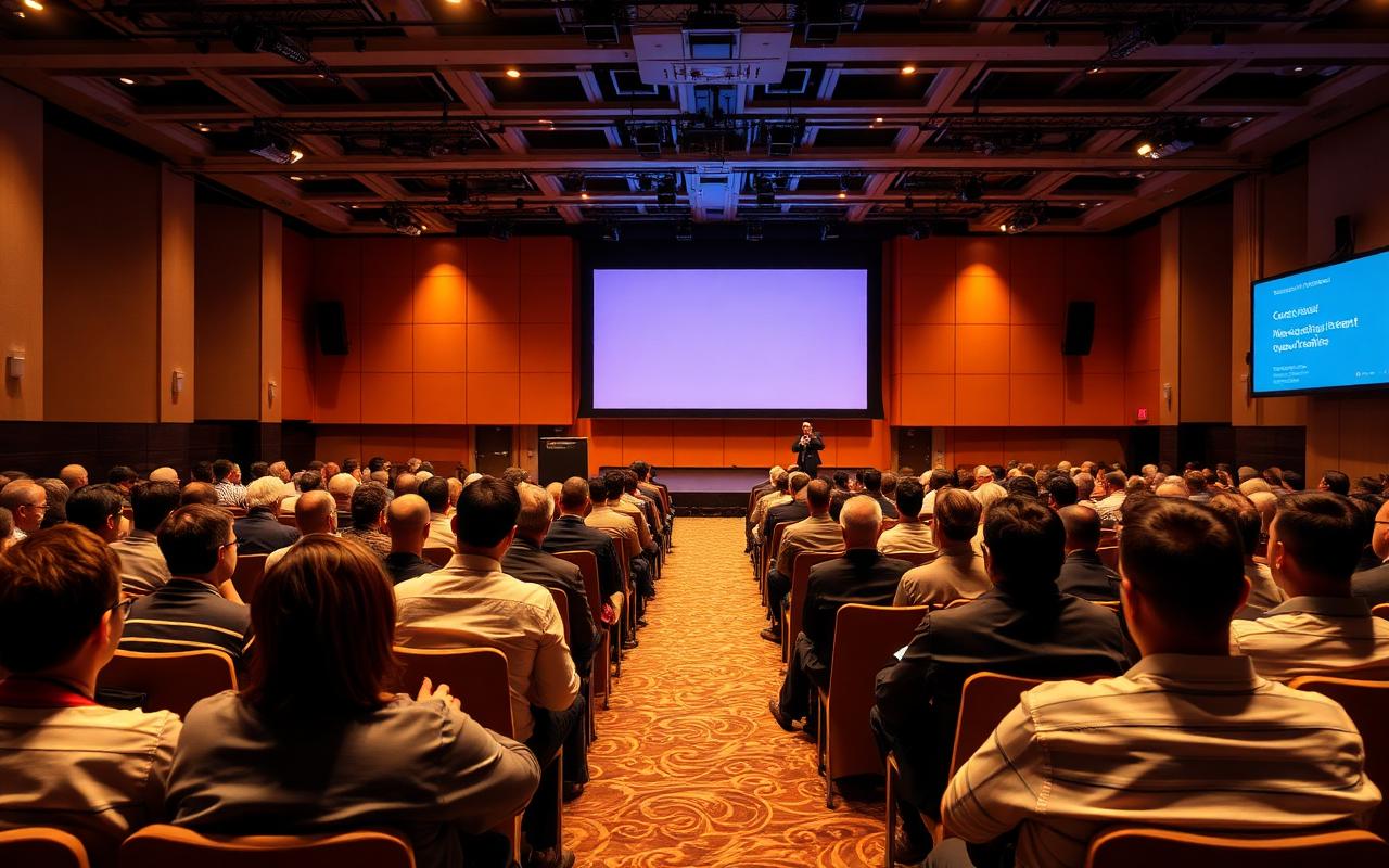 Conference hall with seated attendees facing a stage