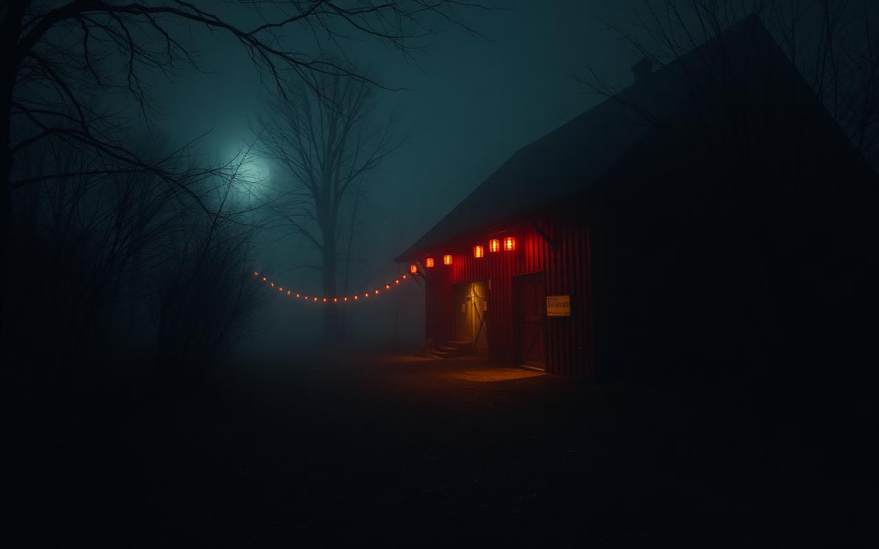 Foggy haunted attraction entrance lit with red and orange lanterns