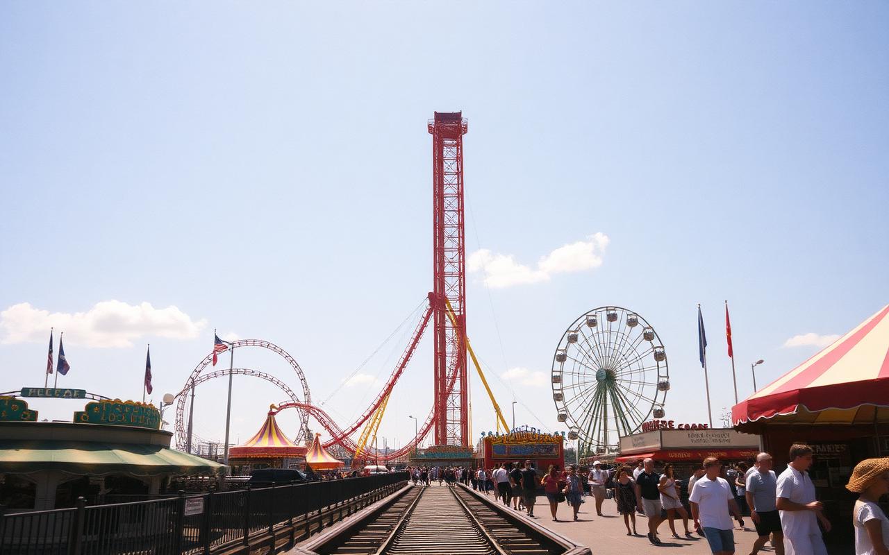 Visitors walking a busy attraction midway on a sunny day
